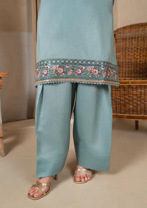 Raw Silk Farshi Shalwar Suit - Ice Blue - 3 Piece - Organza Dupatta