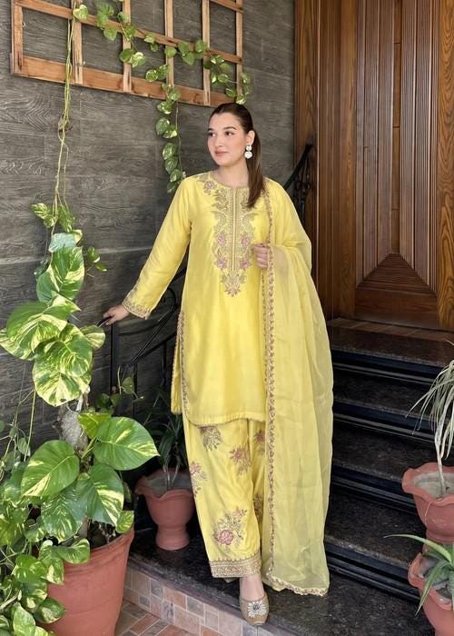 Embroidered Silk Farshi Shalwar Suit with Organza Dupatta - 3 Piece - Butter