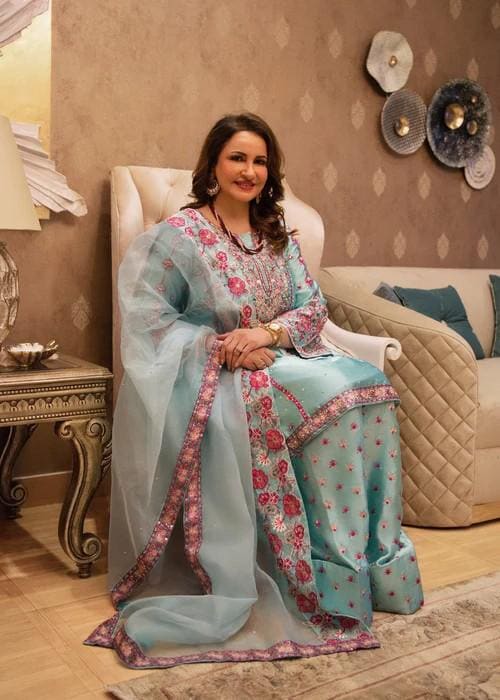 3 Piece - Embroidered Silk Farshi Shalwar Suit - Sky Blue