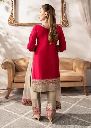 3 Piece - Embroidered Charmeuse Silk Farshi Shalwar Suit - Fuchsia