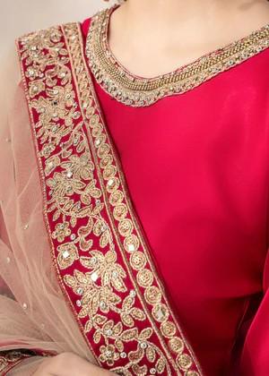 3 Piece - Embroidered Charmeuse Silk Farshi Shalwar Suit - Fuchsia