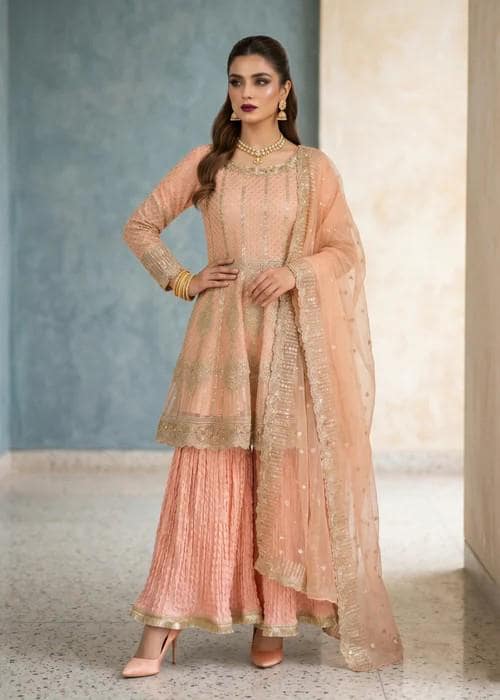 3 Piece Organza and Raw Silk Gharara - Peach Pink