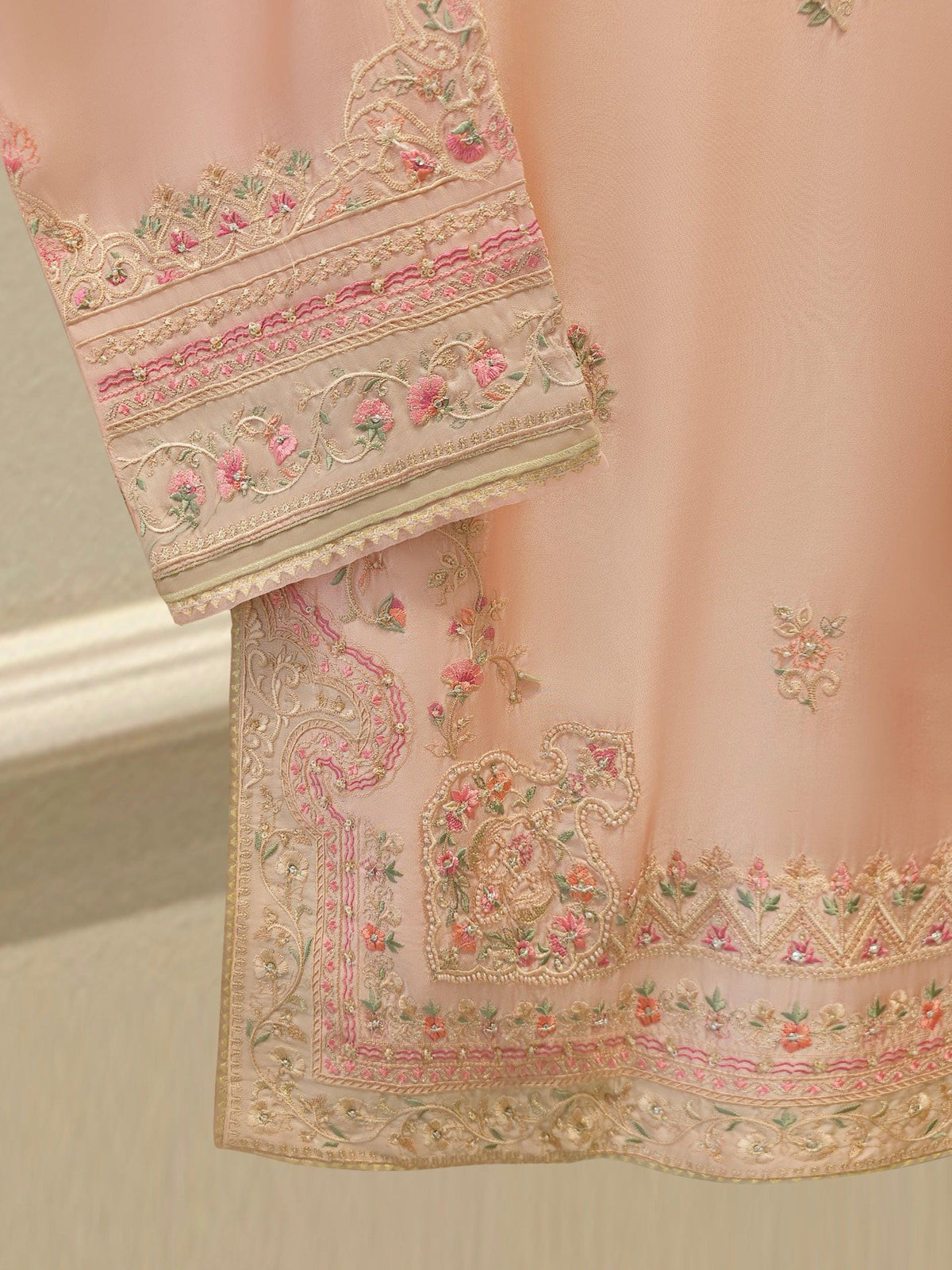 Agha Noor 3 Piece -  Pure Khadi Silk Embroidered Suit - Peach Pink - Raw Silk Pants