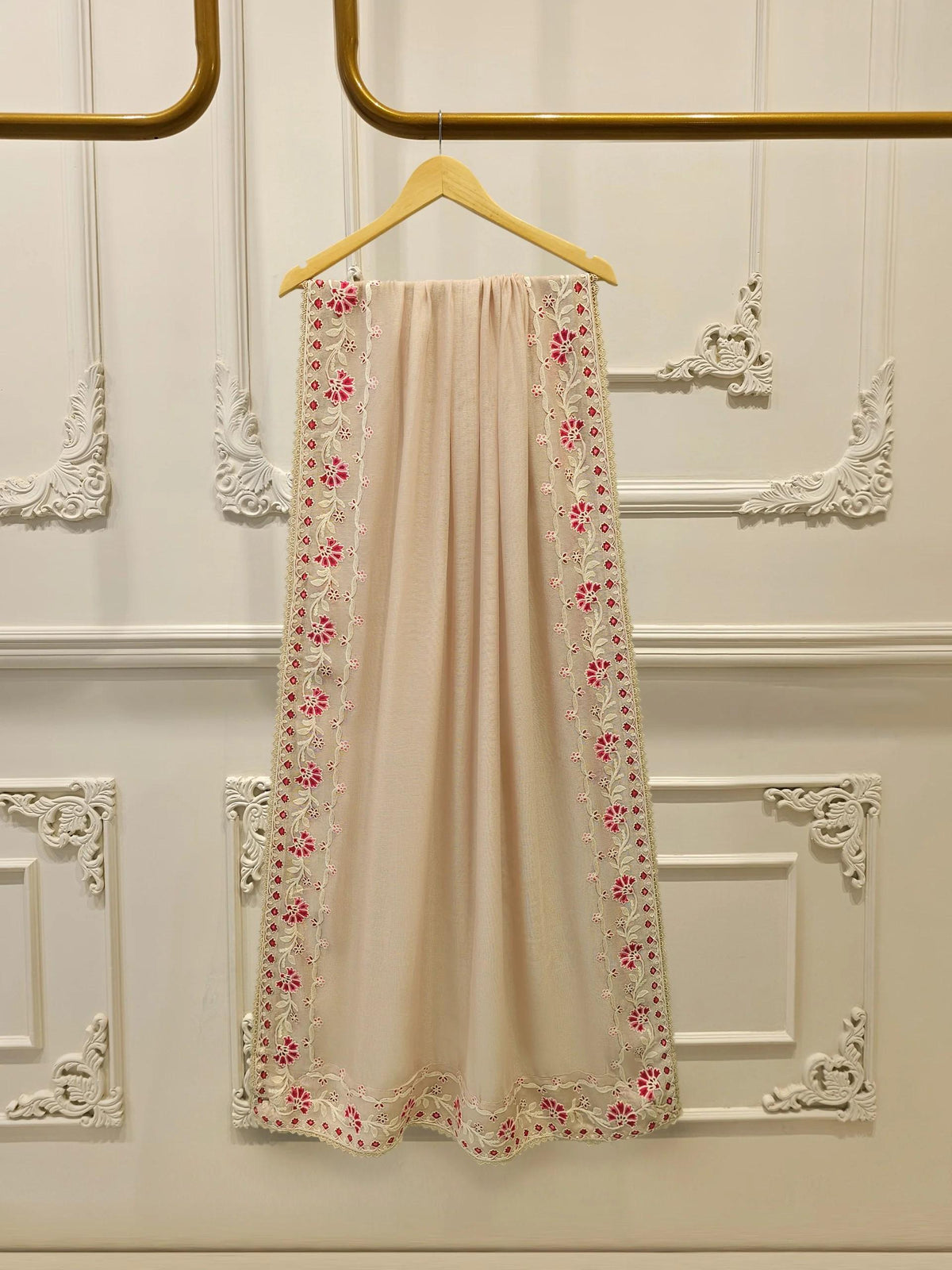 Agha Noor 3 Piece - Pure Embroidered Cotton Net Suit - Beige - Lining in the sleeves too