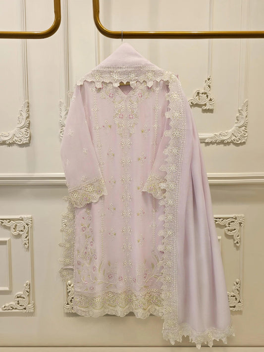 Agha Noor 3-Piece Embroidered Cotton Net Suit - Lilac