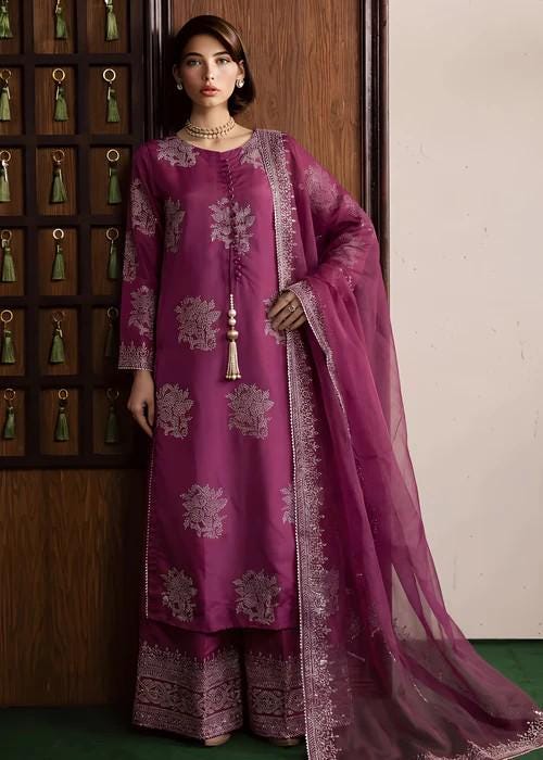 3 Piece Silk Stone Work Kurta and Culottes Set - Magenta