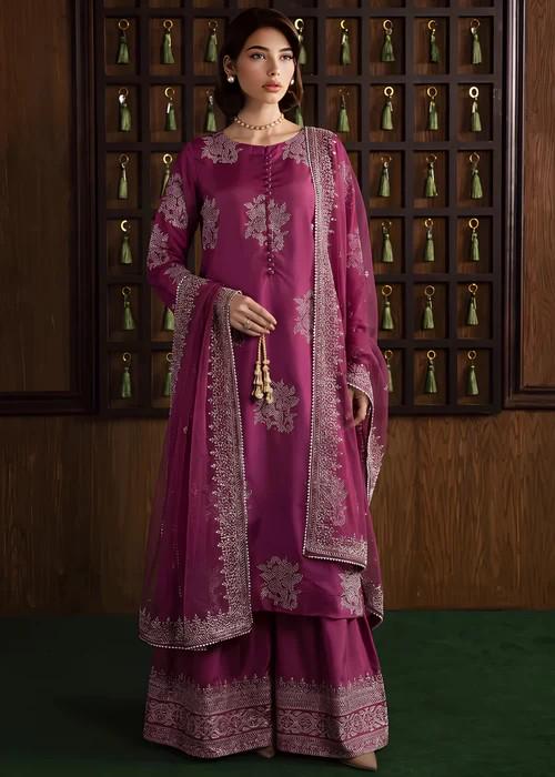 3 Piece Silk Stone Work Kurta and Culottes Set - Magenta
