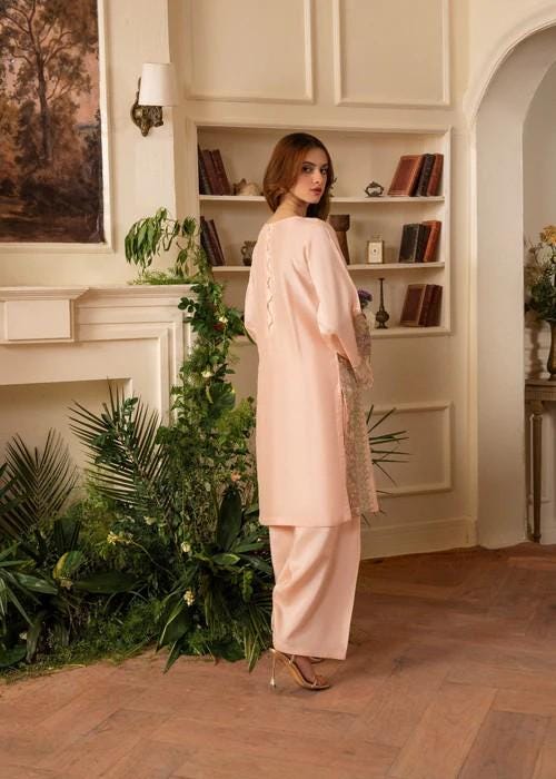 Embroidered Raw Silk Suit - Peach Pink - Printed Silk Dupatta