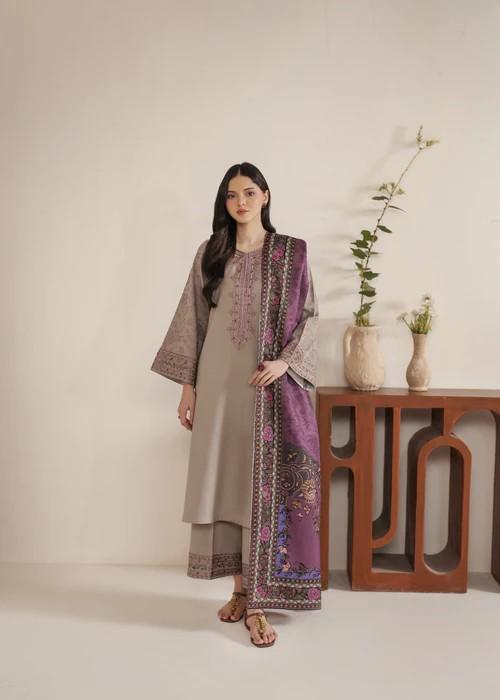 3 piece - Embroidered Karandi Suit - Silk Dupatta