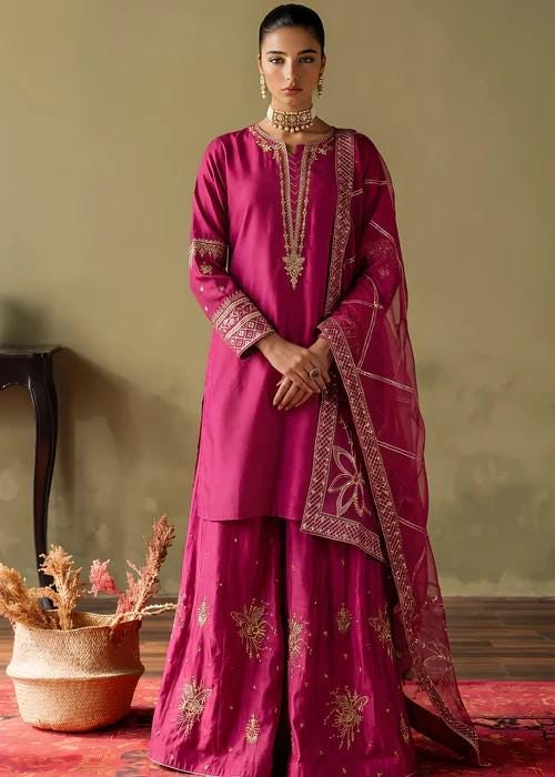 3 Piece Embellished Silk Gharara Suit - Magenta