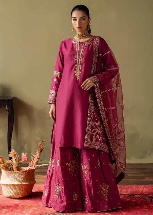 3 Piece Embellished Silk Gharara Suit - Magenta