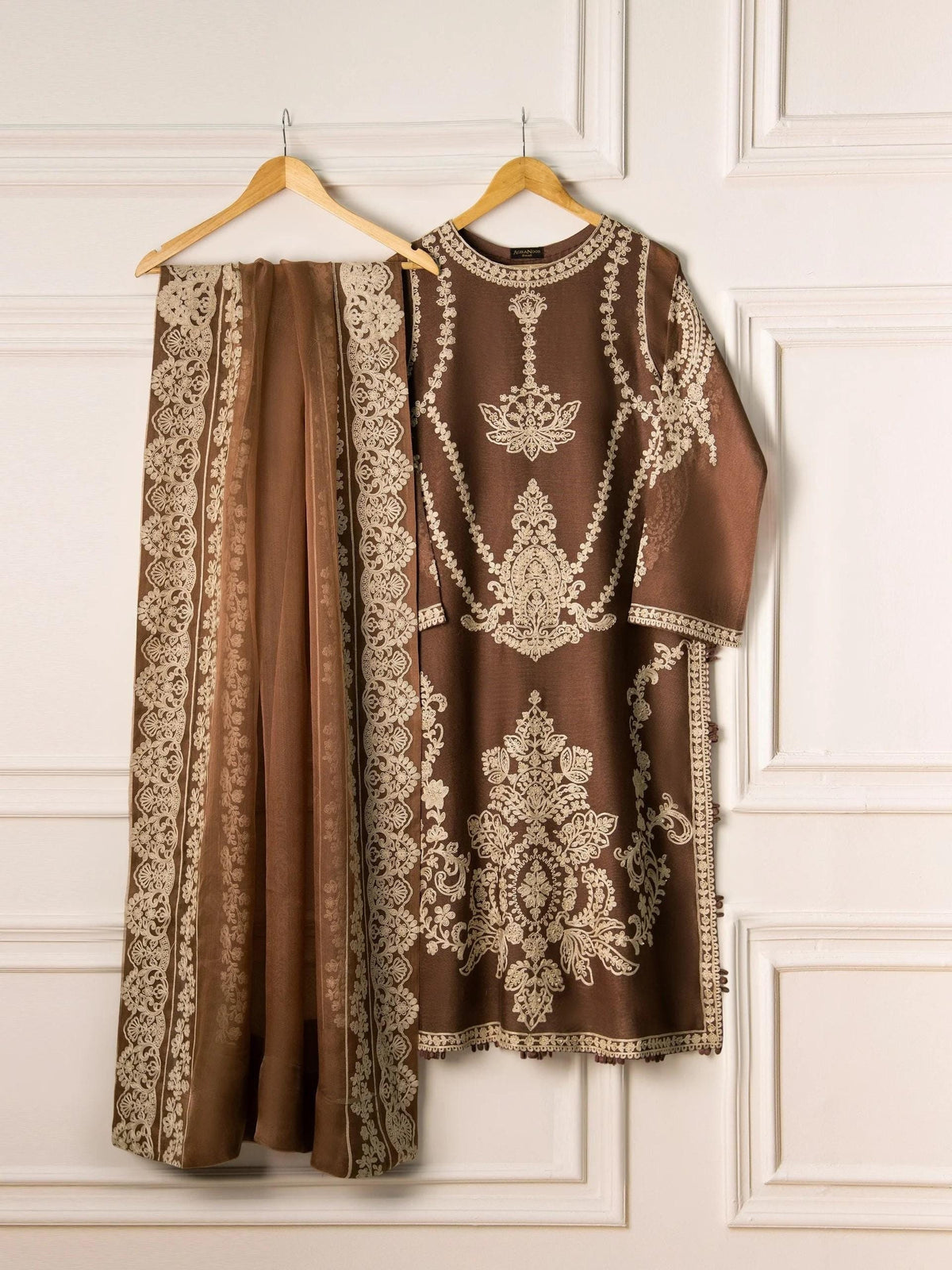 Agha Noor 3 Piece Embroidered Cotton Net Suit - Raw Silk Pants (Size XL)