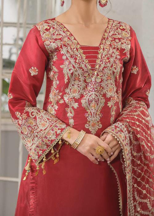 3 Piece Embroidered Charmeuse Silk Suit - Crimson Red
