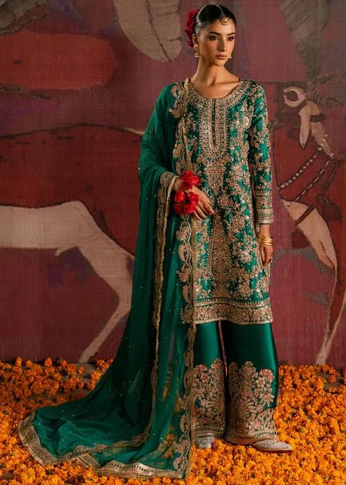 3 Piece Embroidered Charmeuse Silk Suit - Bottle Green