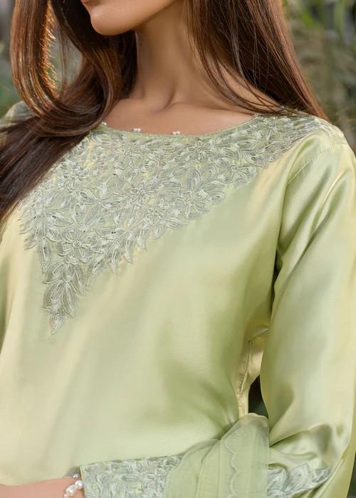 3 Piece Embroidered Charmeuse Silk Suit - Sage Green