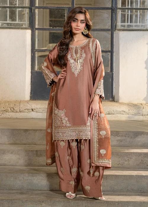 3 Piece Embroidered Charmeuse Silk Suit - Cinnamon Brown