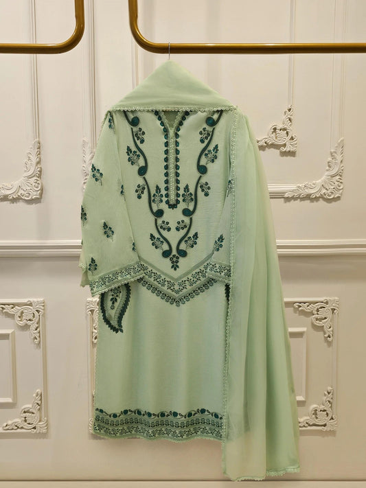 3 Piece - Pure Embroidered Cotton Net Suit - Lining In The Sleeves Too!