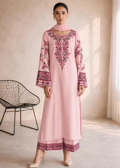 3 piece - Embroidered Lawn Long Kurta Suit with Chiffon Dupatta