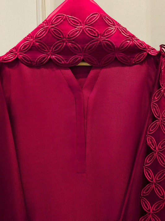 Agha Noor 3-Piece Embroidered Cotton Net Suit - Maroon