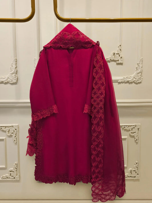 Agha Noor 3-Piece Embroidered Cotton Net Suit - Maroon