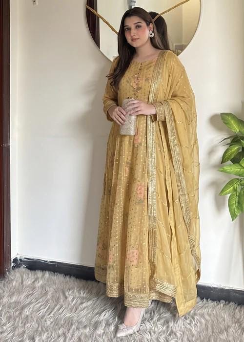 Embroidered Chiffon Maxi Suit - Mustard - 3 Piece