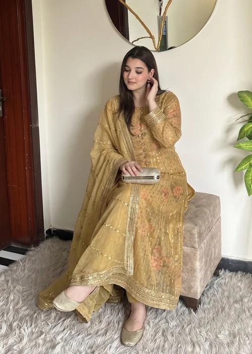 Embroidered Chiffon Maxi Suit - Mustard - 3 Piece