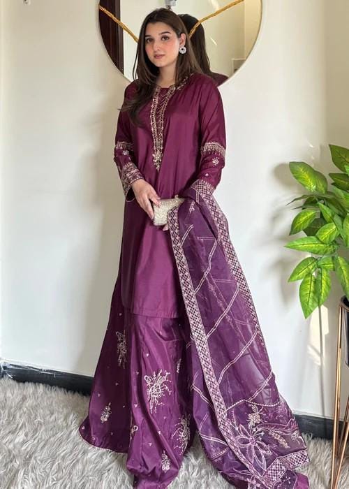 3 Piece Embellished Silk Palazzo Suit - Plum Purple