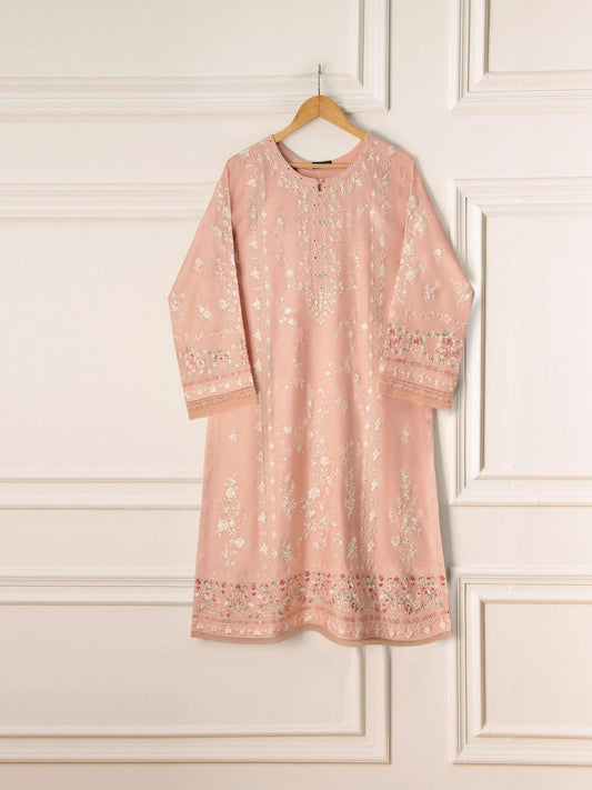 Aghanoor 2 Piece Pure Silk Embroidered Suit Size (Medium) - Peach - Raw Silk Pants