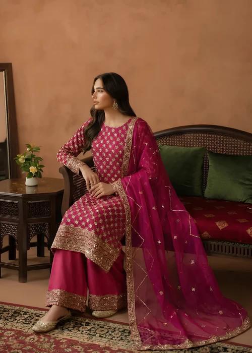 3 Piece Embroidered Chiffon Palazzo Suit - Hot Pink