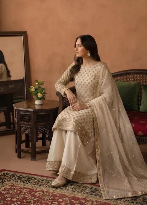 3 Piece Embroidered Chiffon Palazzo Suit - Beige