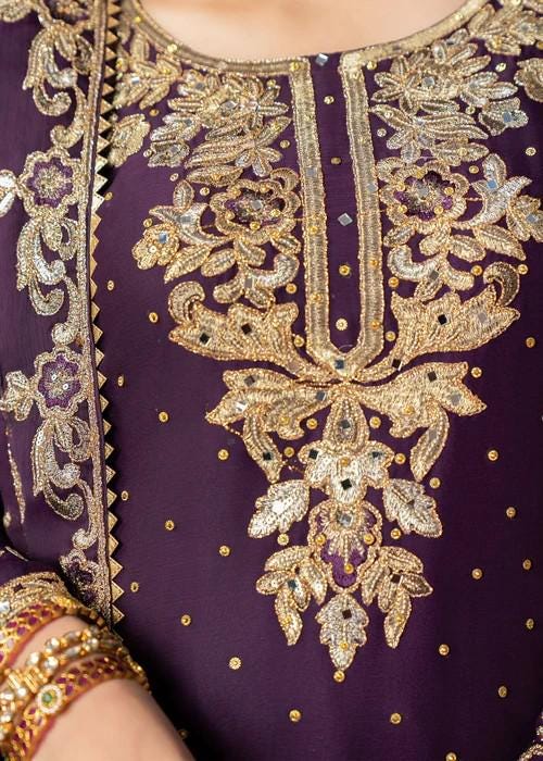 4 Piece Embroidered Chiffon and Jamawar Palazzo Suit - With Potli Bag - Purple