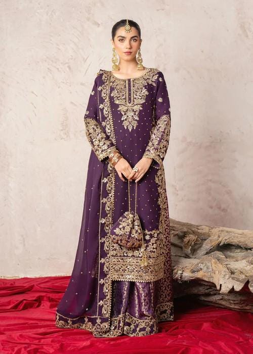 4 Piece Embroidered Chiffon and Jamawar Palazzo Suit - With Potli Bag - Purple