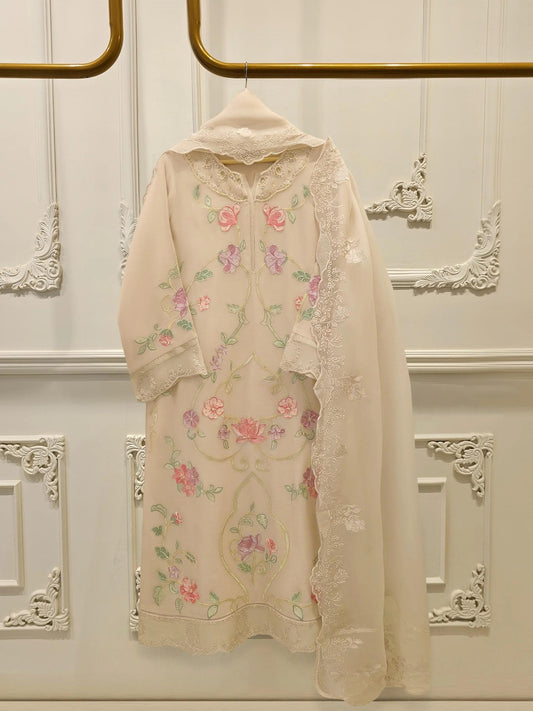 Agha Noor 3 Piece - Pure Embroidered Cotton Net Suit - Raw Silk Pants; Organza Dupatta