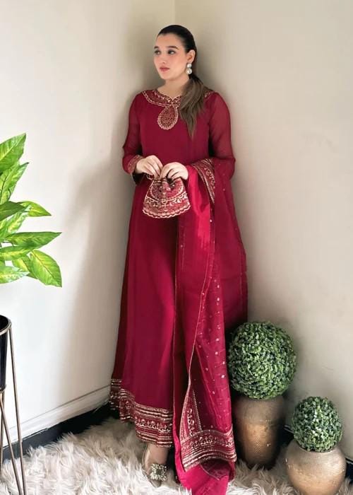 4 Piece Embroidered Chiffon Maxi Dress - With  Silk Trousers and a Stylish Potli Bag