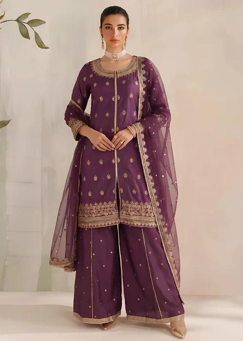 3 Piece Palazzo Silk Suit - Plum Purple