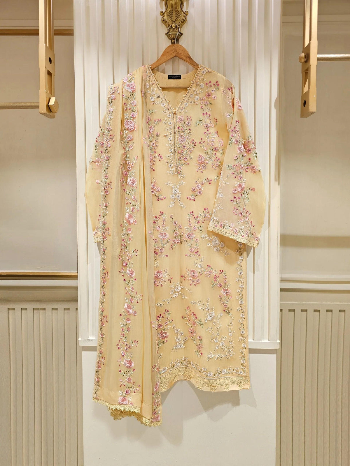Agha Noor 3 Piece - Embroidered Chiffon Suit - Light Yellow