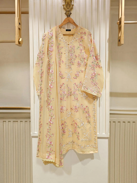 Agha Noor 3 Piece - Embroidered Chiffon Suit - Light Yellow