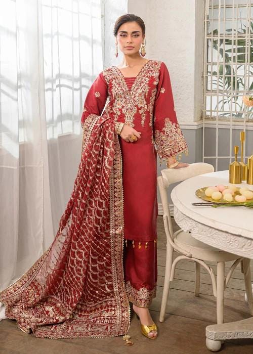 3 Piece Embroidered Charmeuse Silk Suit - Crimson Red