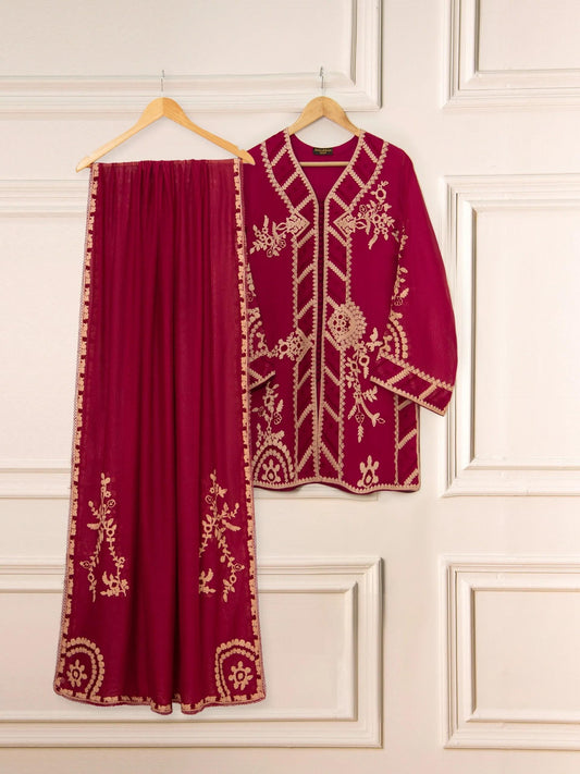Agha Noor 3 Piece Pure Cotton Net Embroidered Suit - Maroon