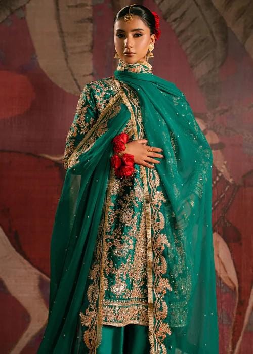 3 Piece Embroidered Charmeuse Silk Suit - Bottle Green