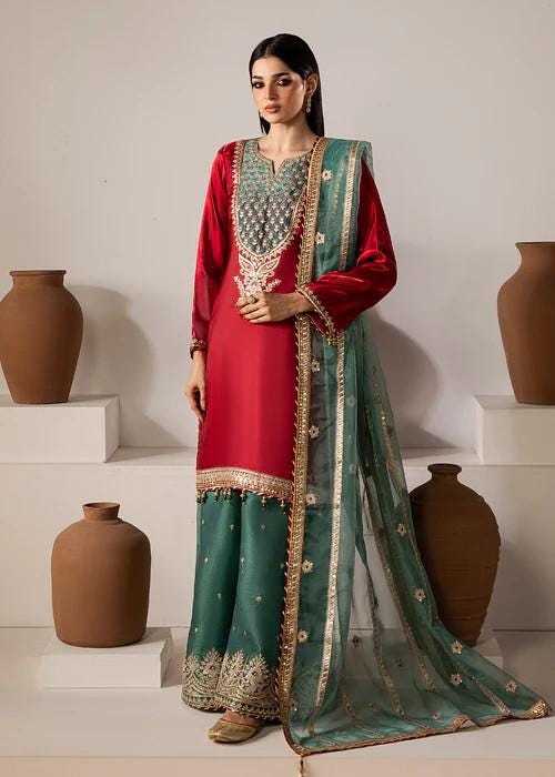 3 Piece Lava Silk Embroidered Sharara Suit