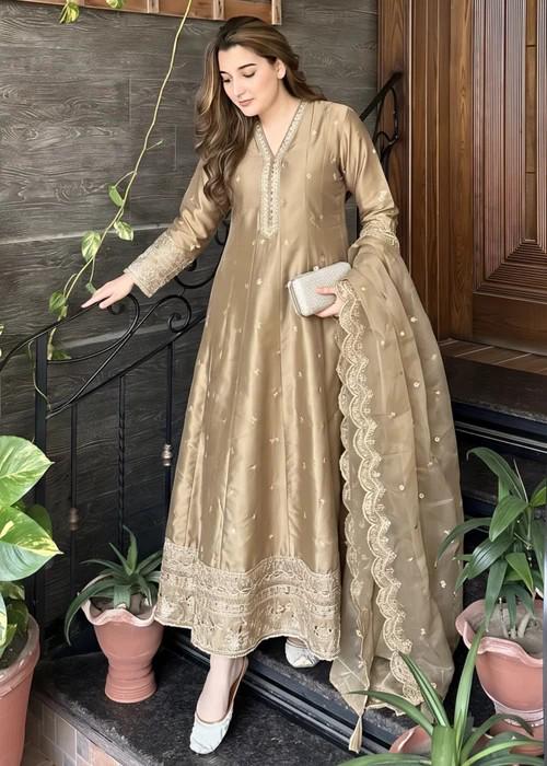 3 Piece Embroidered Silk Maxi Dress - Tan Brown