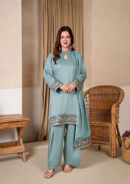 Raw Silk Farshi Shalwar Suit - Ice Blue - 3 Piece - Organza Dupatta