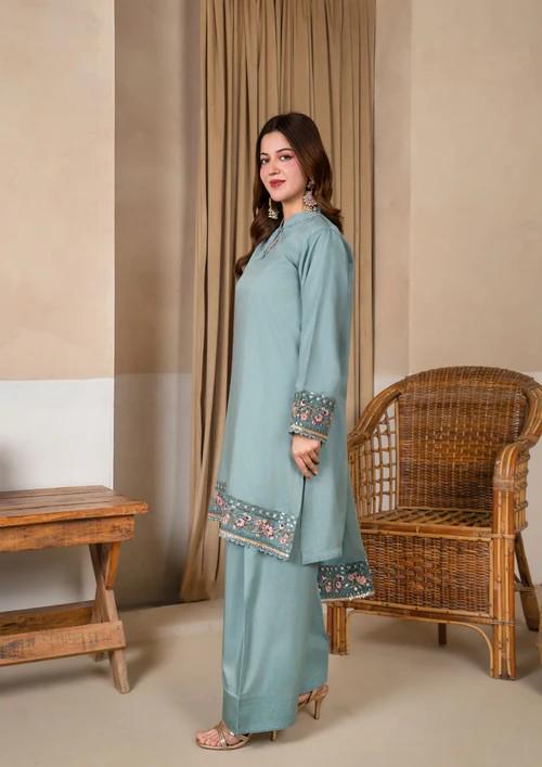 Raw Silk Farshi Shalwar Suit - Ice Blue - 3 Piece - Organza Dupatta