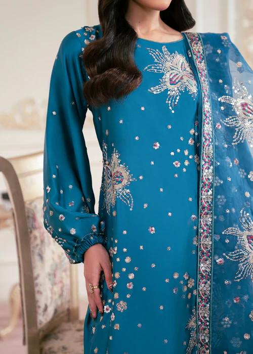 3 Piece Charmeuse Silk Embroidered Palazzo Suit - Steel Blue