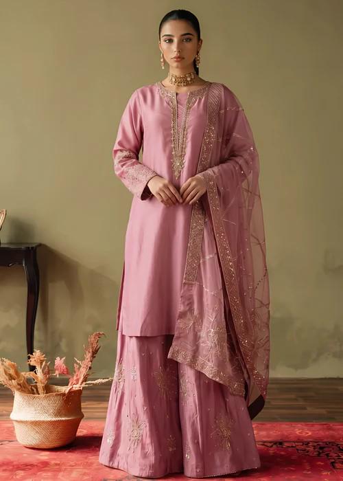 3 Piece Embellished Silk Gharara Suit - Zinnia Pink
