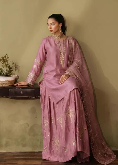 3 Piece Embellished Silk Gharara Suit - Zinnia Pink