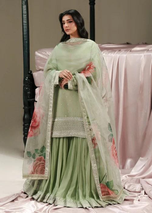 3 Piece Embroidered Chiffon Gharara - Sage Green