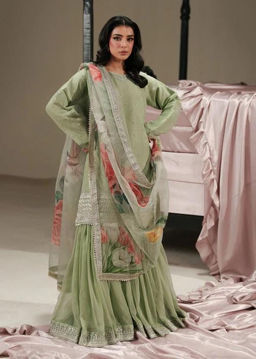 3 Piece Embroidered Chiffon Gharara - Sage Green