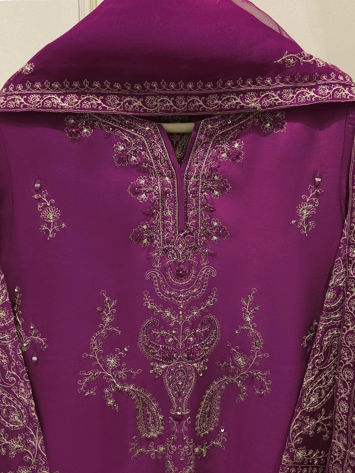 Agha Noor 3 Piece Pure Embroidered Sheesha Silk Suit - Dark Purple